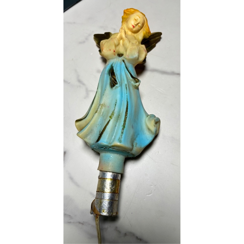 Vintage Praying Angel Christmas Tree Topper Light Blue Gown Gold Wings 8.5 Inch